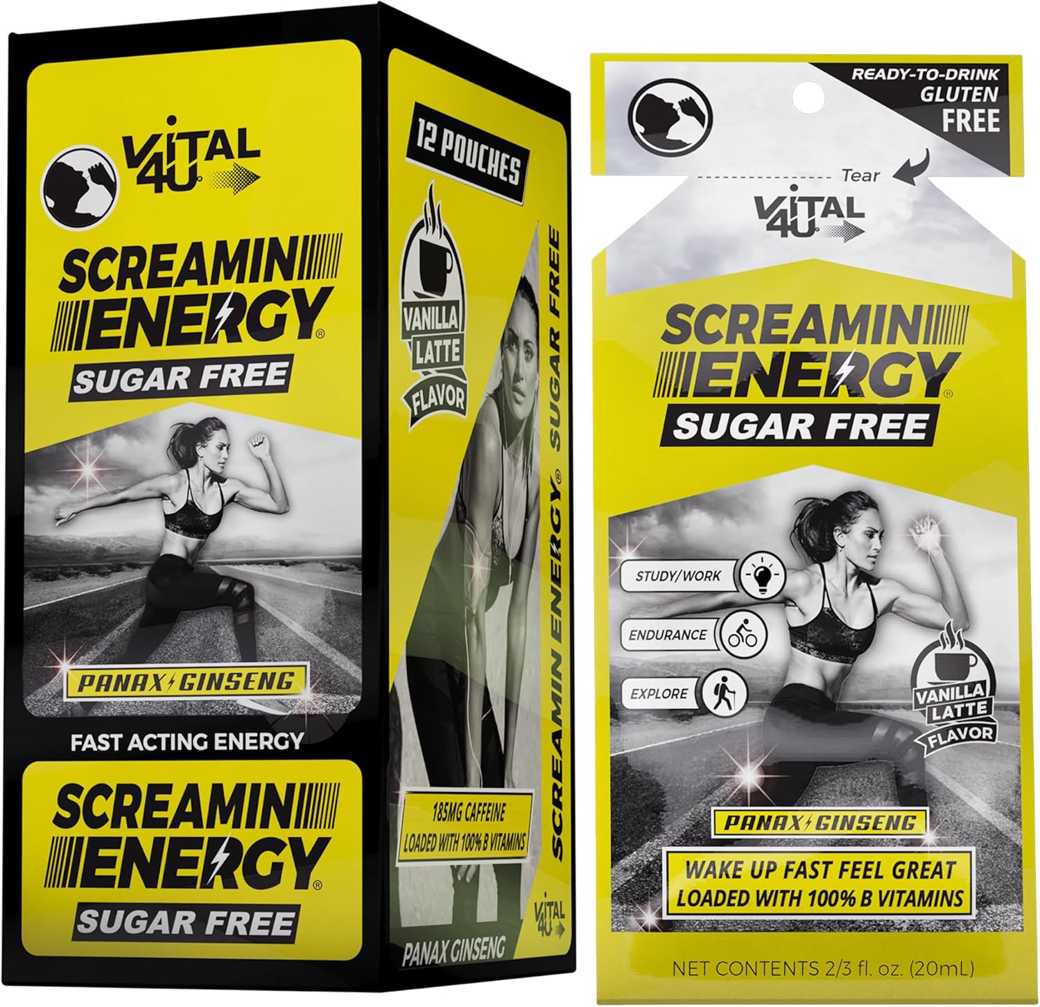 VITAL 4U Screamin Energy® Sugar Free - Vanilla Latte Flavor, 24 Ct - Ginseng, Caffeine, B Vitamins - Maximum Strength Formula