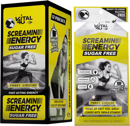 VITAL 4U Screamin Energy® Sugar Free - Vanilla Latte Flavor, 24 Ct - Ginseng, Caffeine, B Vitamins - Maximum Strength Formula