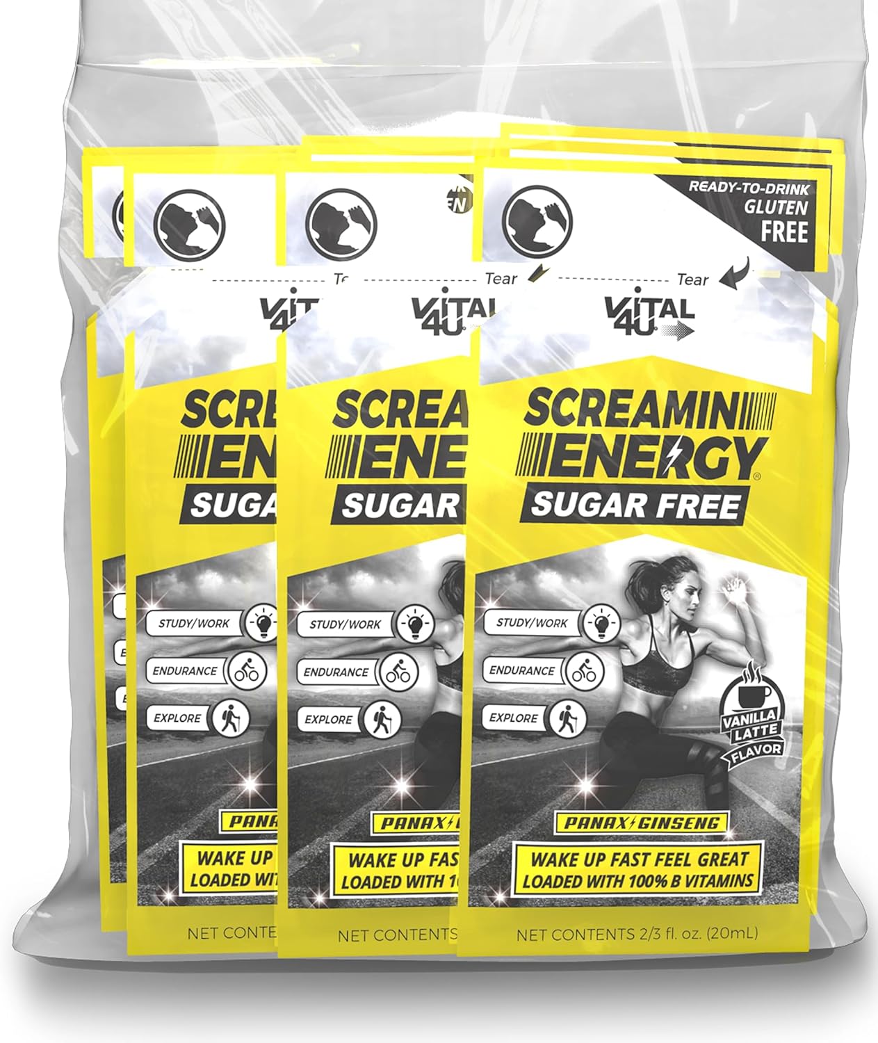 VITAL 4U Screamin Energy® Sugar Free - Vanilla Latte Flavor, 24 Ct - Ginseng, Caffeine, B Vitamins - Maximum Strength Formula