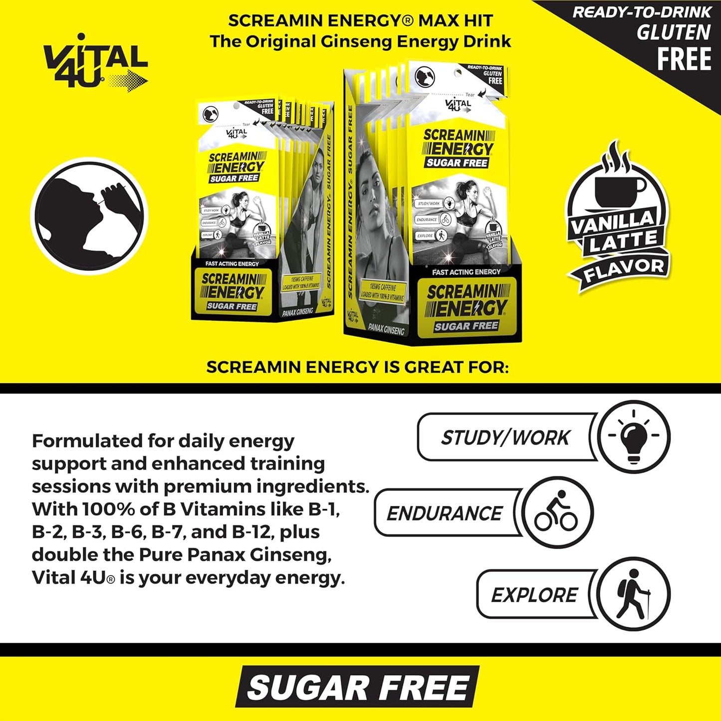 VITAL 4U Screamin Energy® Sugar Free - Vanilla Latte Flavor, 24 Ct - Ginseng, Caffeine, B Vitamins - Maximum Strength Formula