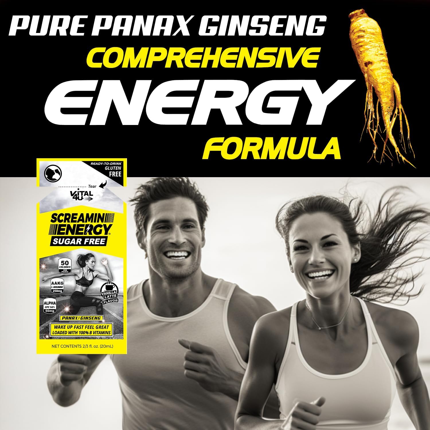 VITAL 4U Screamin Energy® Sugar Free - Vanilla Latte Flavor, 24 Ct - Ginseng, Caffeine, B Vitamins - Maximum Strength Formula