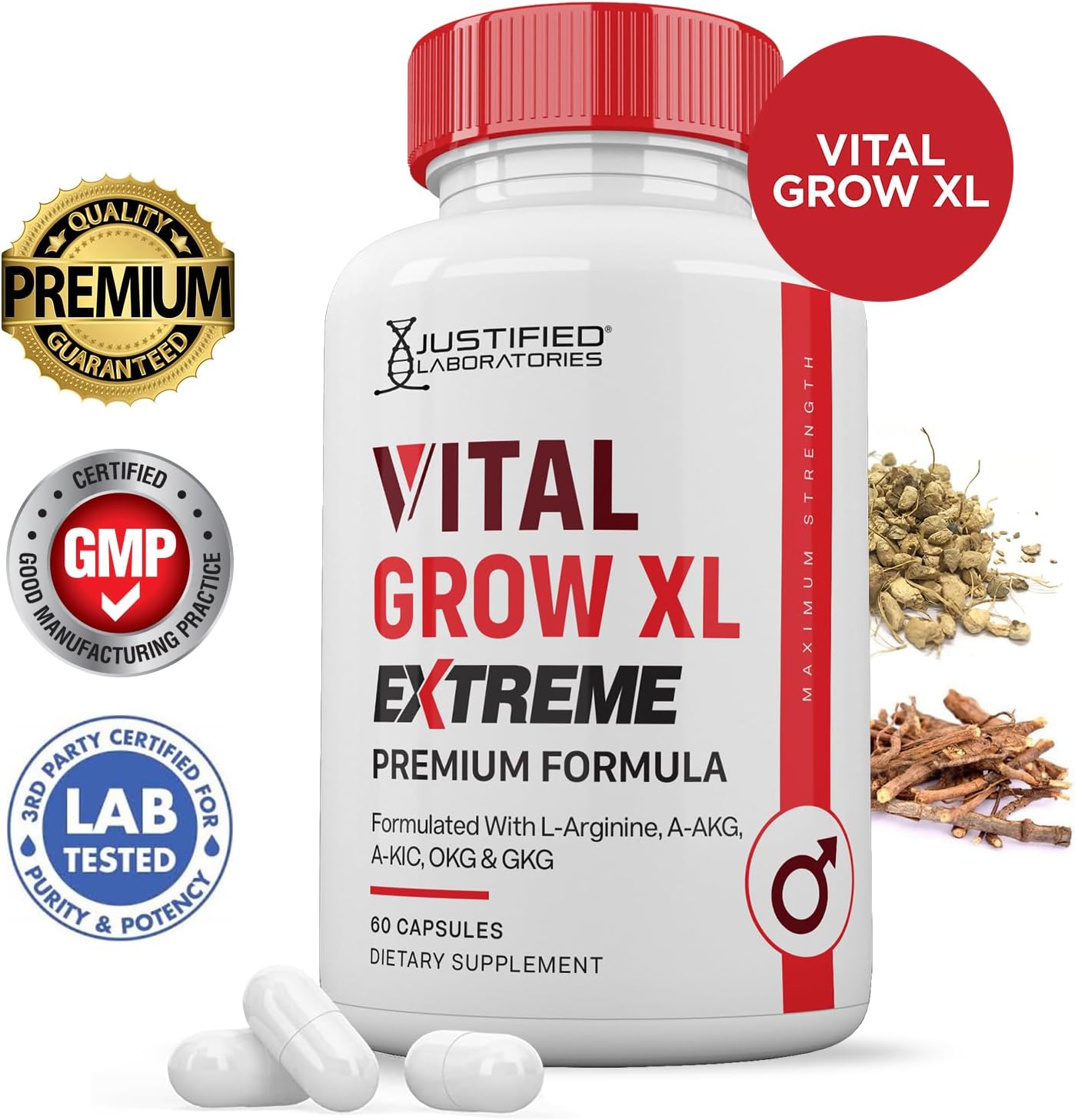 Vital Grow XL Extreme Pills 1600MG Premium Formula for Men's Health - 60 Capsules by Justified Laboratories