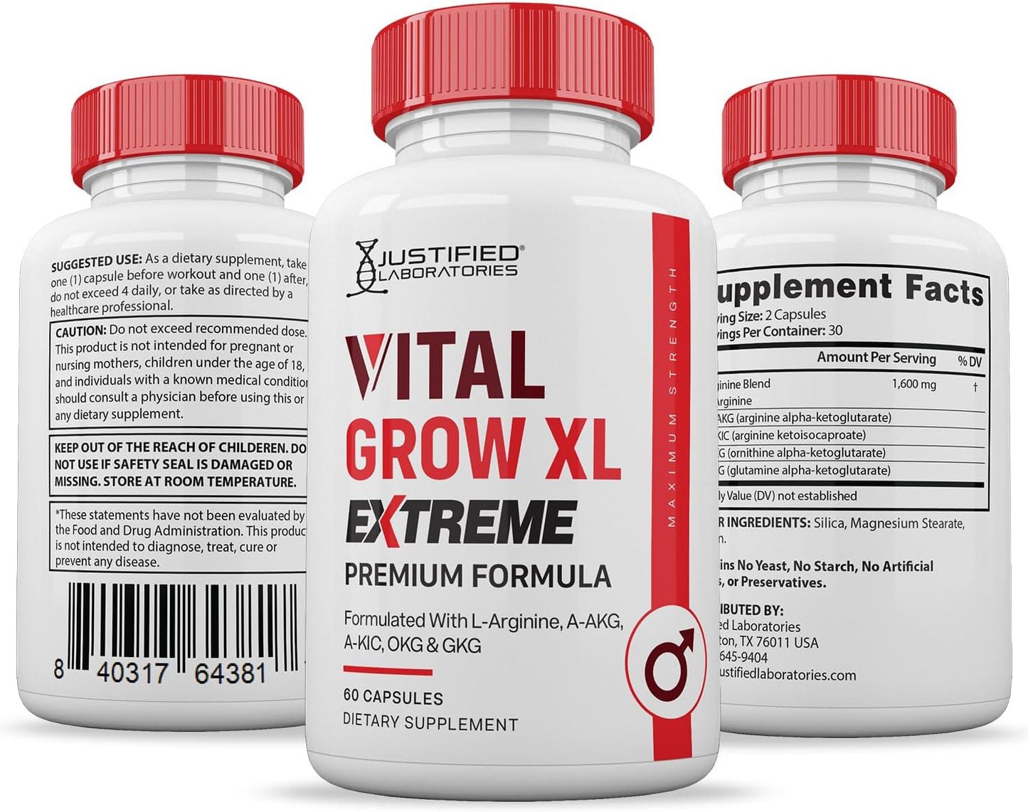 Vital Grow XL Extreme Pills 1600MG Premium Formula for Men's Health - 60 Capsules by Justified Laboratories
