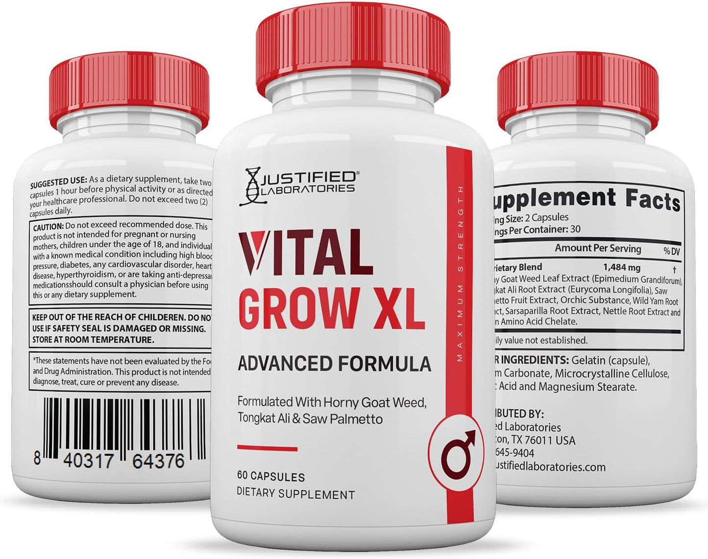 Vital Grow XL Pills 1484MG Advanced Formula for Men's Health - 60 Capsules by Justified Laboratories