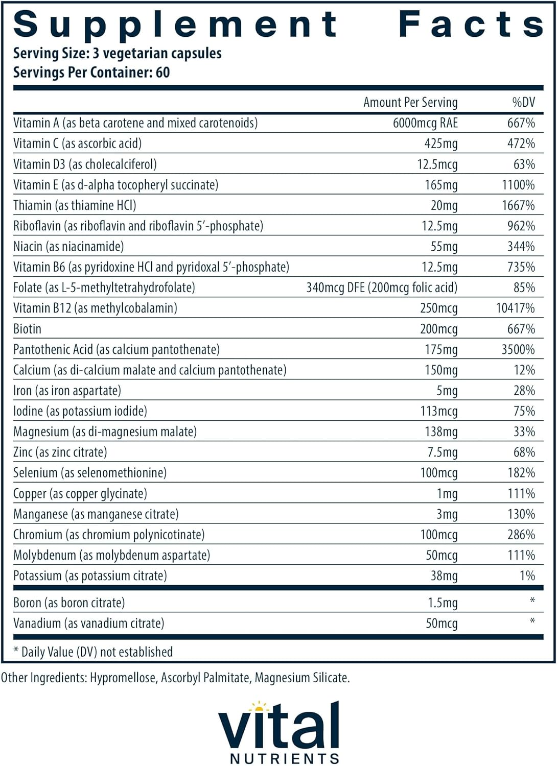 Vital Nutrients Multi-Nutrients 4 Capsules - Citrate/Malate Formula with Copper and Iron - Bioavailable Multi Vitamin/Mineral with Antioxidants - Non-GMO - 180 Count