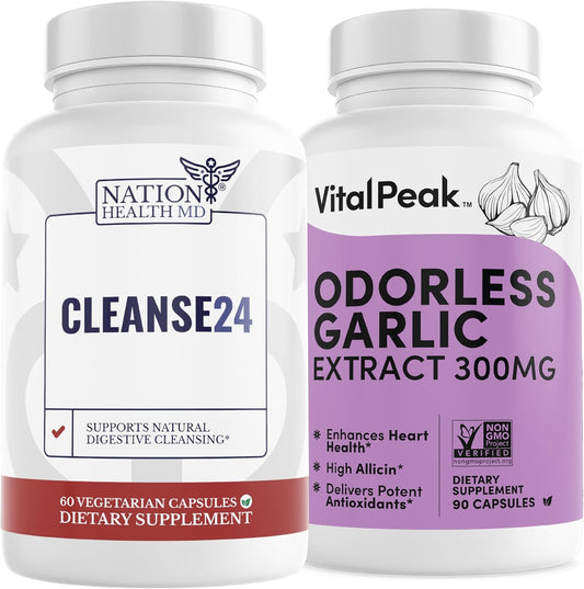 Vital Peak Nation Health MD Cleanse24 and Odorless Garlic Bundle - Promote Overall Wellness and Detoxification
