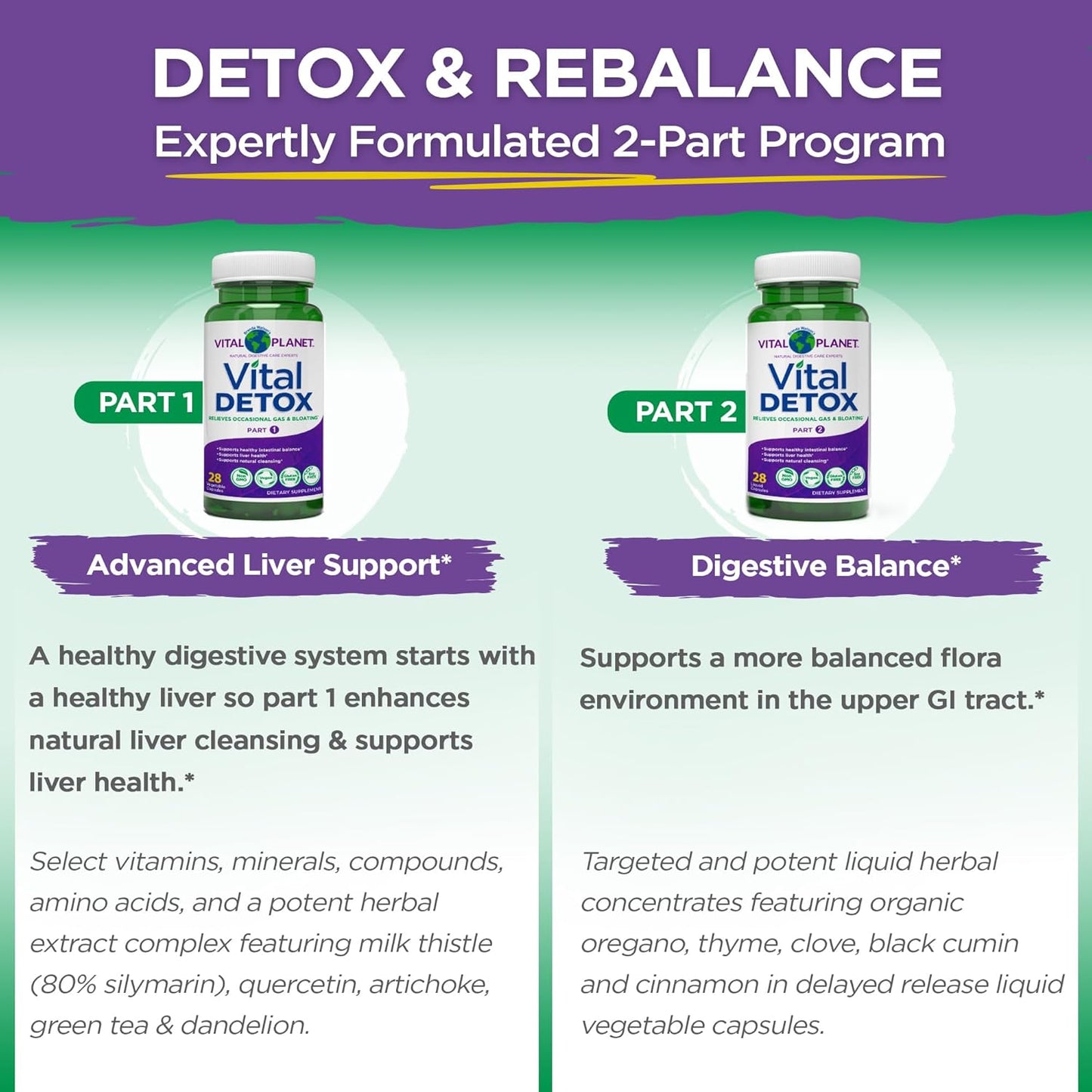 Vital Planet 2-Part 14 Day Detox Kit with Milk Thistle, Quercetin, Alpha Lipoic Acid, Choline, Herbs - Supports Intestinal Balance, Reduces Gas and Bloating - 56 Capsules