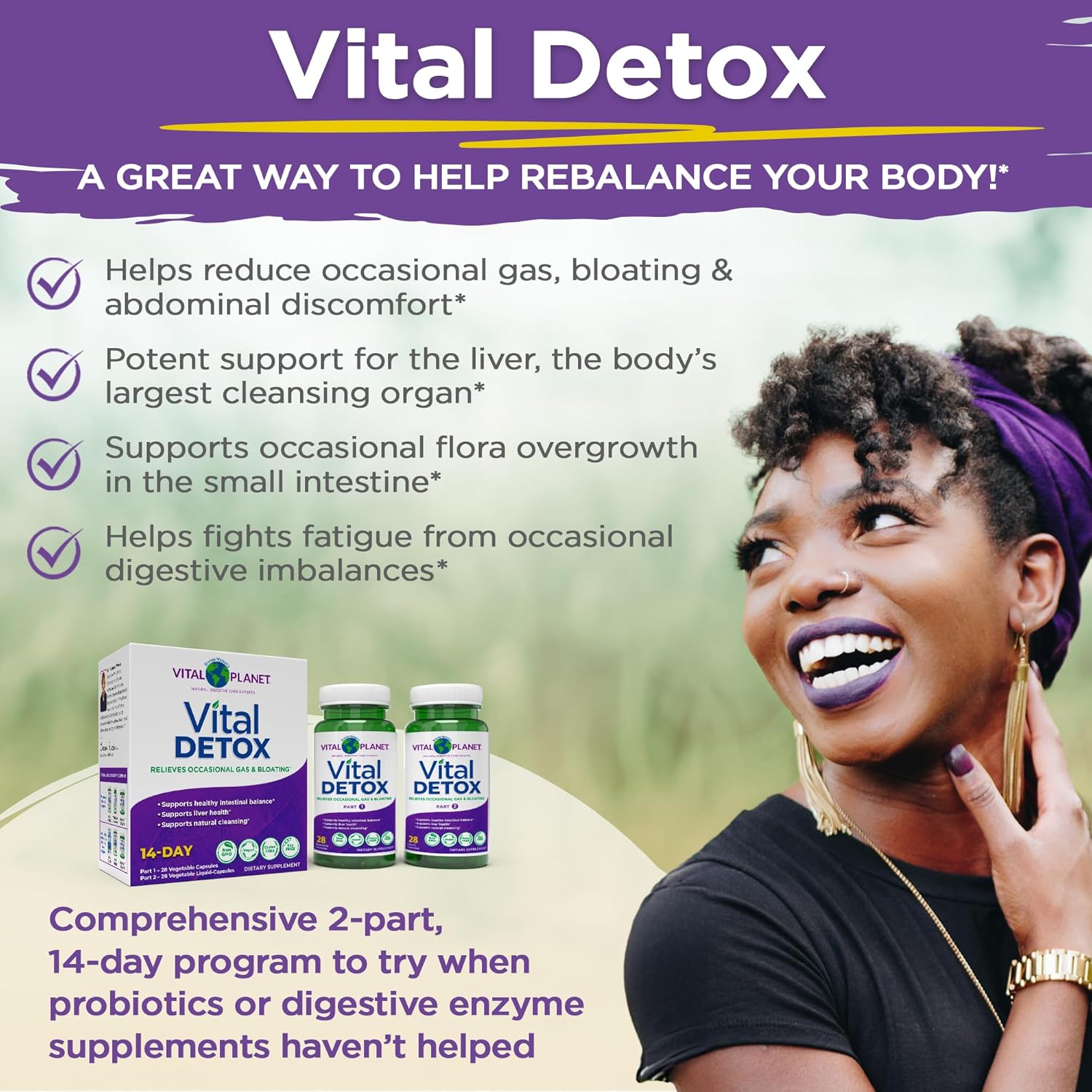 Vital Planet 2-Part 14 Day Detox Kit with Milk Thistle, Quercetin, Alpha Lipoic Acid, Choline, Herbs - Supports Intestinal Balance, Reduces Gas and Bloating - 56 Capsules