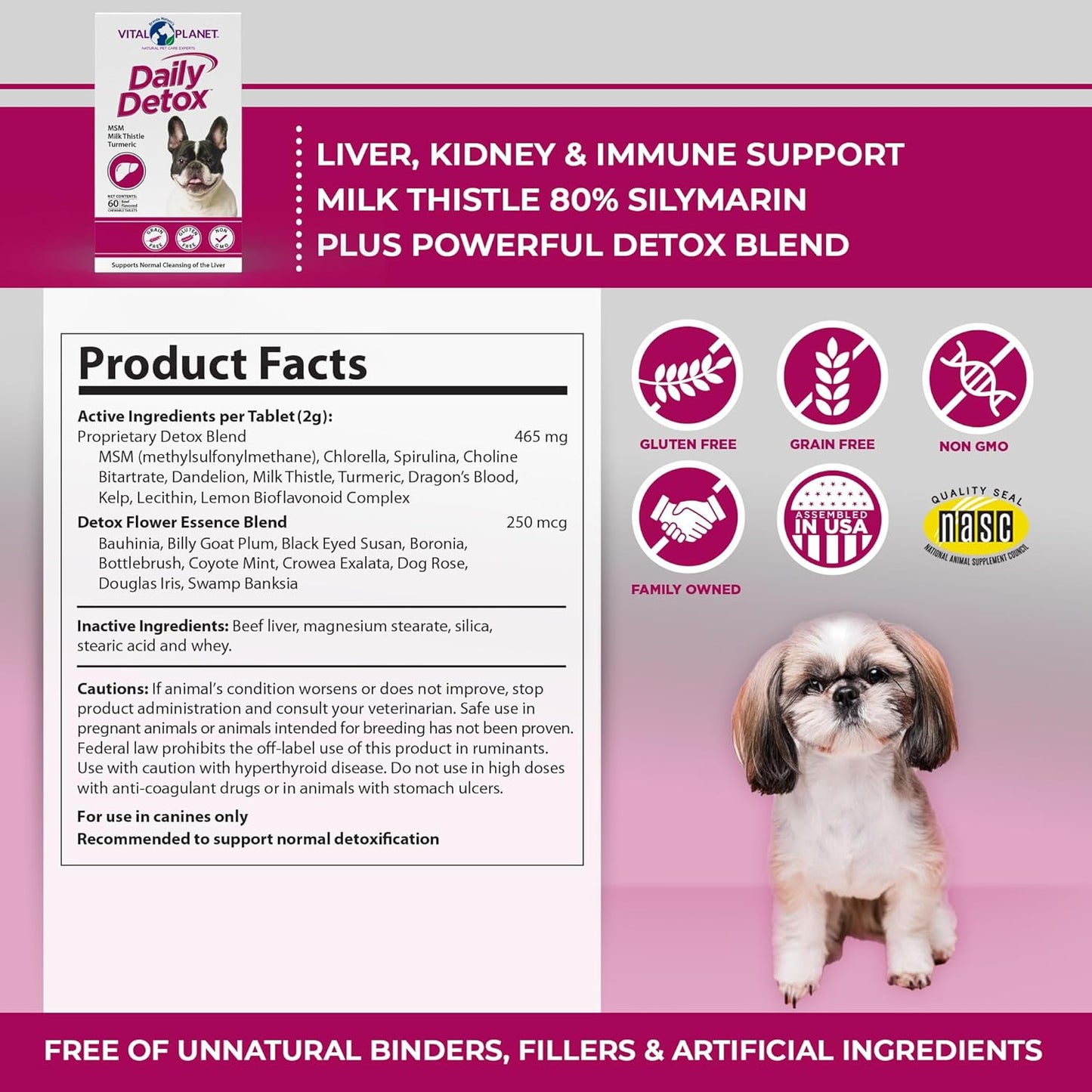 Vital Planet Daily Detox Chewable Tablets for Dogs 60ct - MSM, Milk Thistle, Spirulina & Turmeric - Supports Immune System & Liver Cleansing