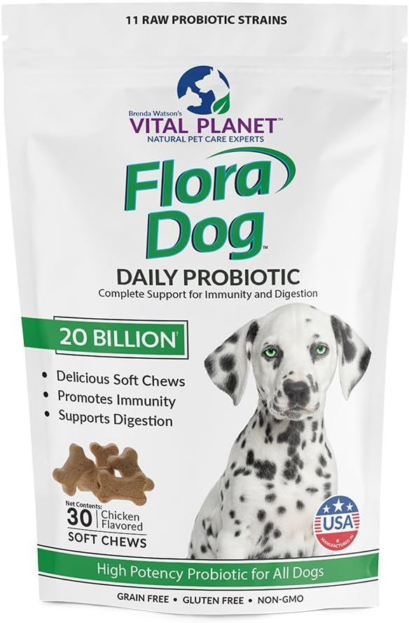 Vital Planet Flora Dog Probiotics: Immune & Digestive Support Chews for Dogs, 20B Cultures, 11 Strains, 30 Bacon Flavored Soft Chews - BoostGo Australia