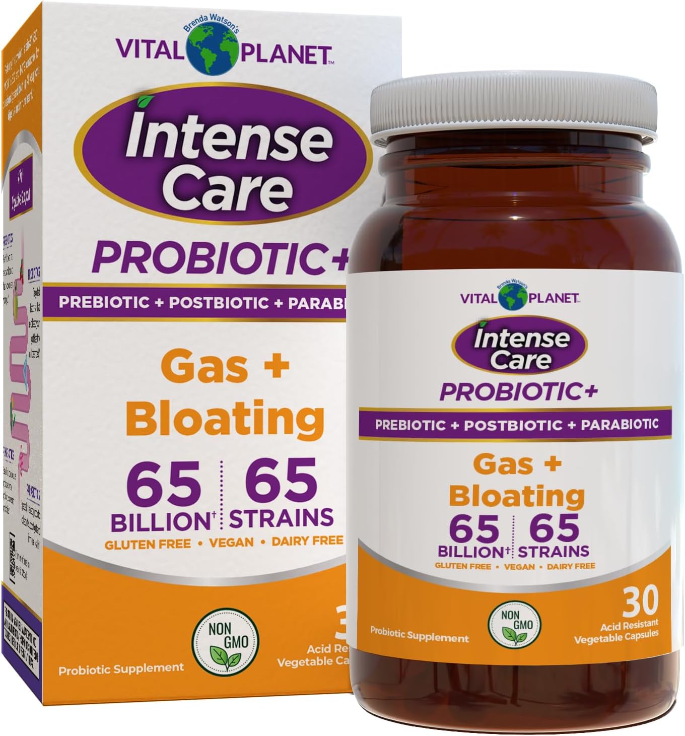 Vital Planet Intense Care Gas & Bloating Probiotic Supplement for Adults - 4-in-1 Formula, 65 Billion CFU, 65 Strains - Digestive & Immune Support - 30 Count