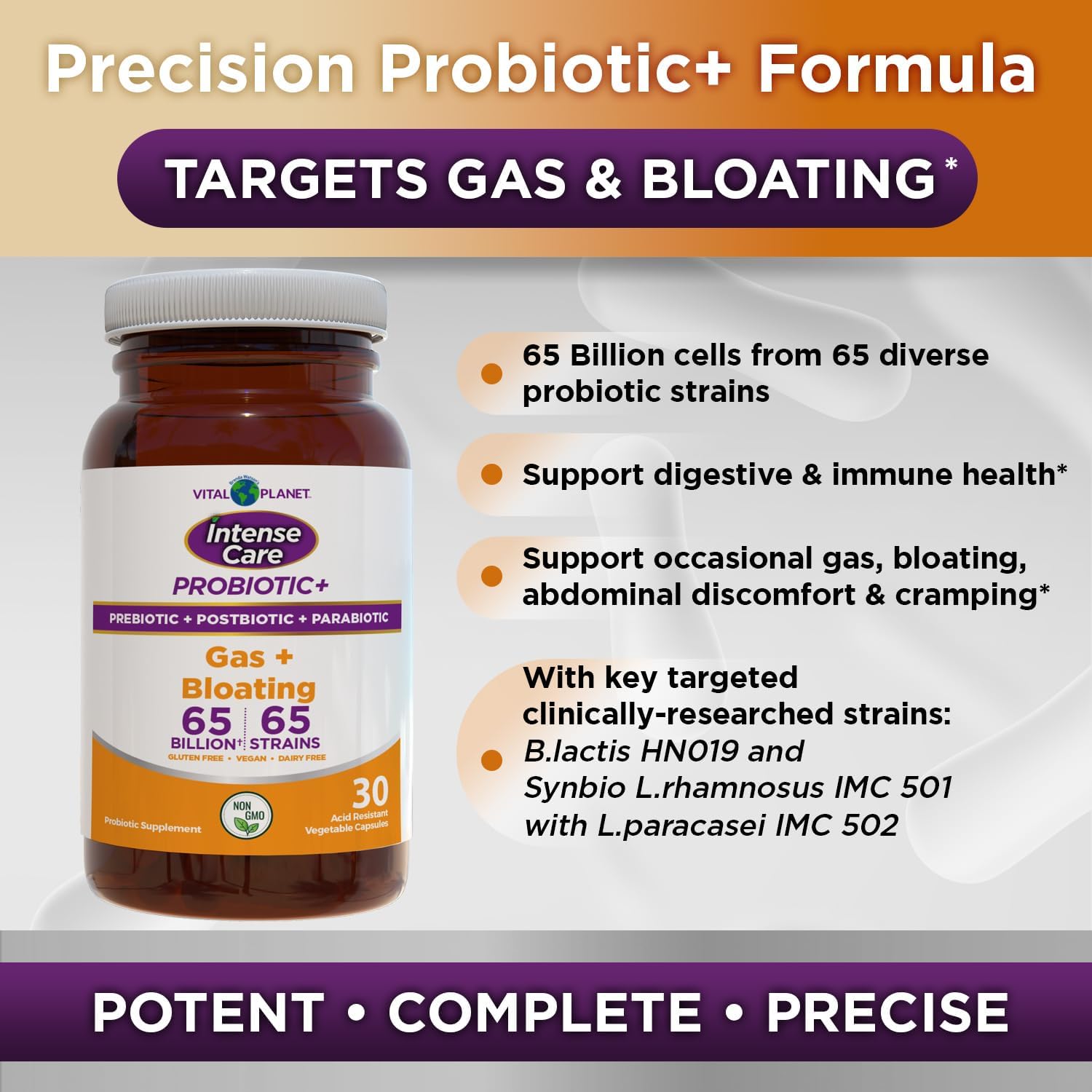 Vital Planet Intense Care Gas & Bloating Probiotic Supplement for Adults - 4-in-1 Formula, 65 Billion CFU, 65 Strains - Digestive & Immune Support - 30 Count