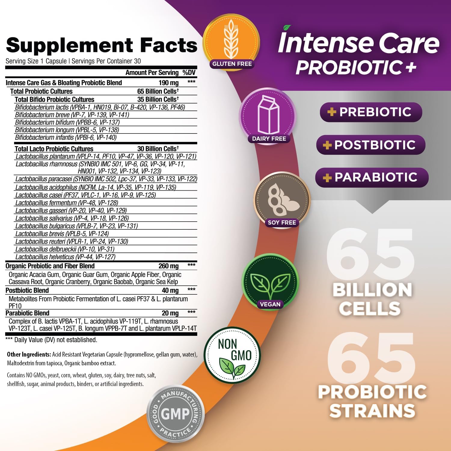 Vital Planet Intense Care Probiotics for Gas & Bloating - 4-in-1 Supplement with 65 Billion CFU, 65 Strains - Digestive & Immune Support - 30 Count
