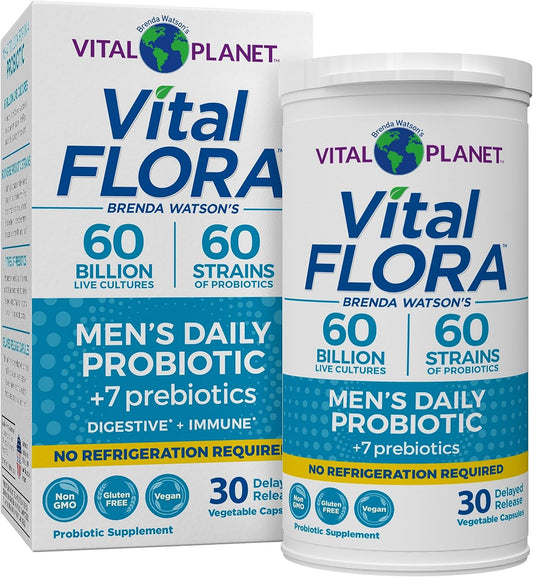 Vital Planet Men's Daily Probiotic - 60 Billion CFU, 60 Strains, 7 Prebiotics - Immune & Digestive Support - 30 Capsules