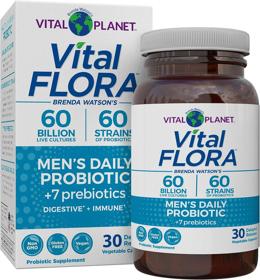 Vital Planet Men's Daily Probiotic with 60 Billion CFU, 60 Strains, 7 Prebiotics - Immune Support, Gas Relief, Digestive Health - 30 Capsules