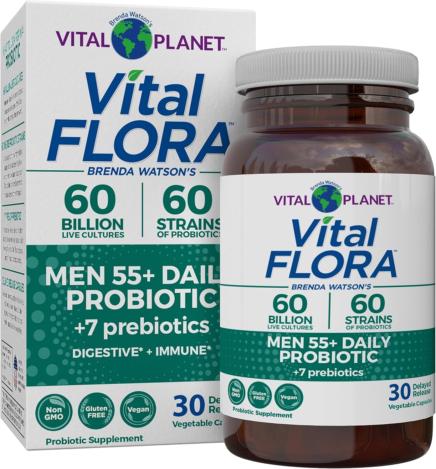 Vital Planet Vital Flora Men 55+ Probiotic - 60 Billion CFU, 60 Strains, 7 Prebiotics - Immune & Digestive Support, Gas Relief - 30 Capsules