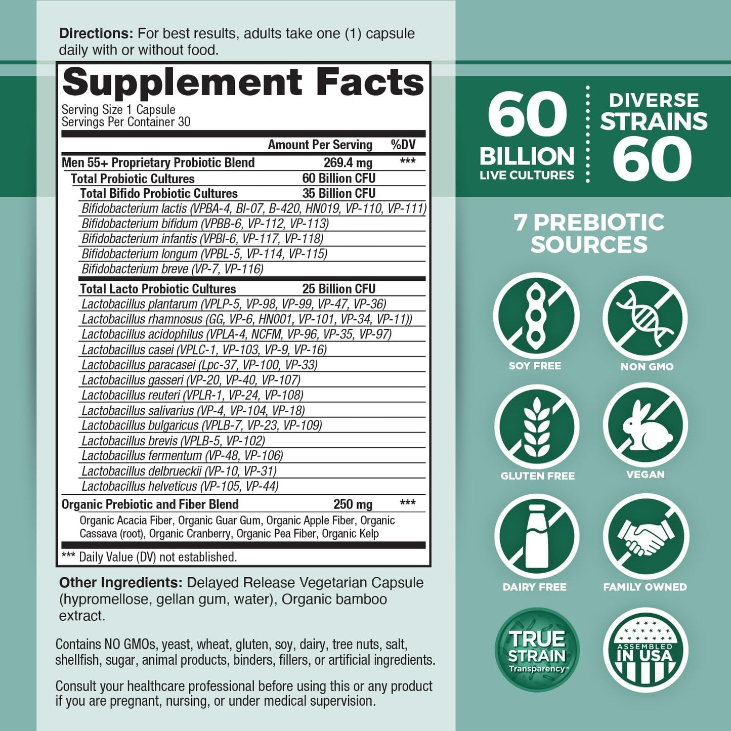 Vital Planet Vital Flora Men 55+ Probiotic - 60 Billion CFU, 60 Strains, 7 Prebiotics - Immune & Digestive Support, Gas Relief - 30 Capsules