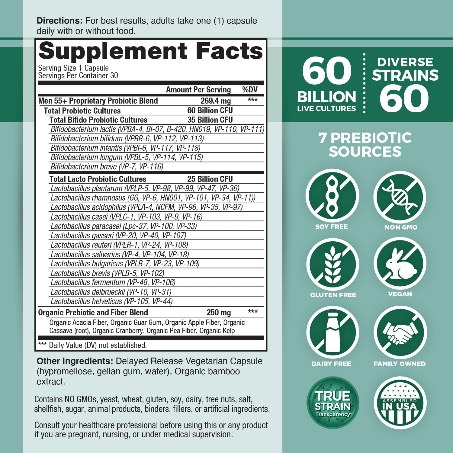 Vital Planet Vital Flora Men 55+ Probiotic - 60 Billion CFU, 60 Strains, 7 Prebiotics - Immune & Digestive Support, Gas Relief - 30 Capsules