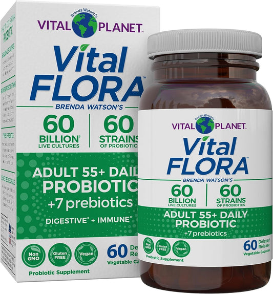 Vital Planet Vital Flora Probiotic for Adults Over 55 - 60 Billion CFU, Organic Prebiotics, Immune & Digestive Support - 60 Capsules