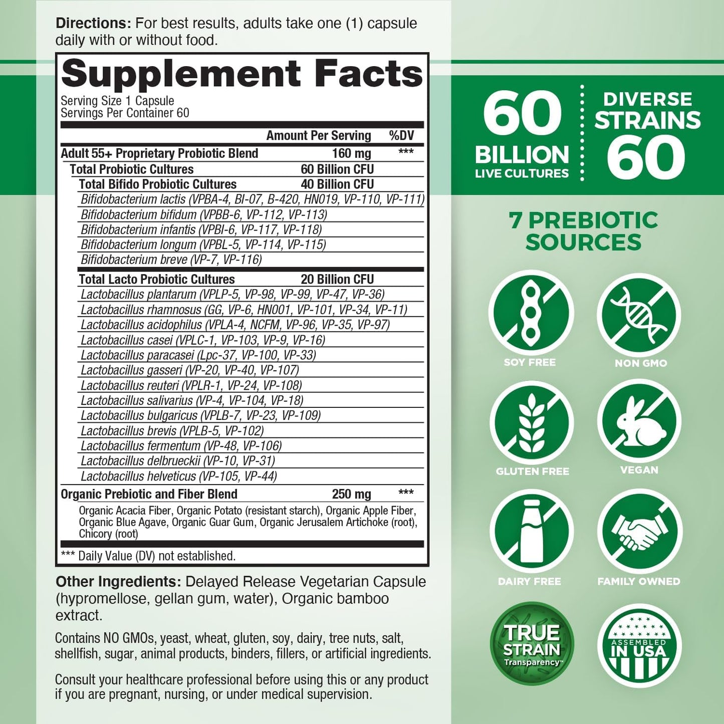 Vital Planet Vital Flora Probiotic for Adults Over 55 - 60 Billion CFU, Organic Prebiotics, Immune & Digestive Support - 60 Capsules