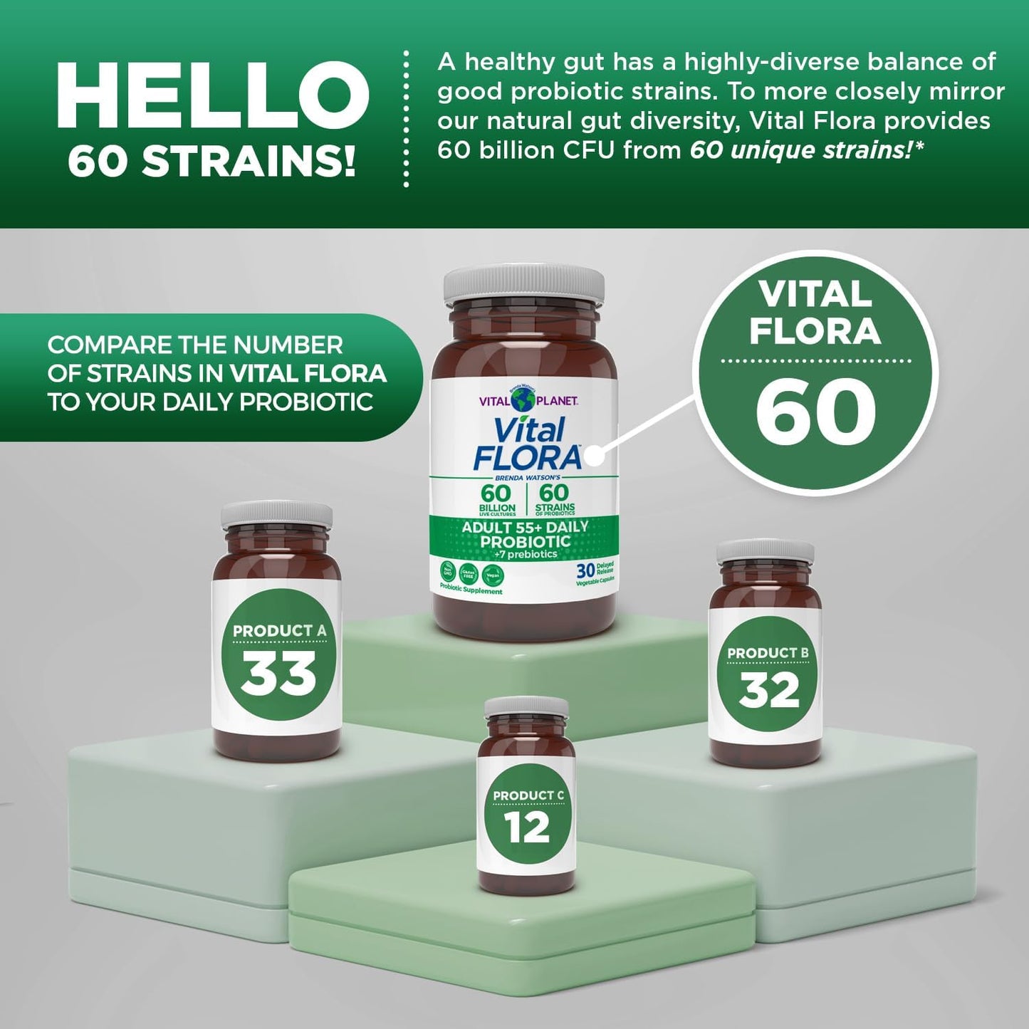 Vital Planet Vital Flora Probiotic for Adults Over 55 - 60 Billion CFU, Organic Prebiotics, Immune & Digestive Support - 60 Capsules