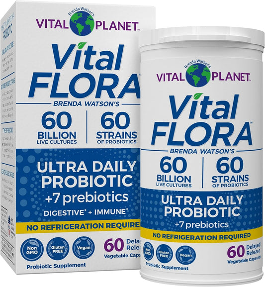 Vital Planet Vital Flora Ultra Daily Probiotic - 60 Billion CFU, 60 Strains, 7 Prebiotics - Immune & Digestive Support - 60 Capsules