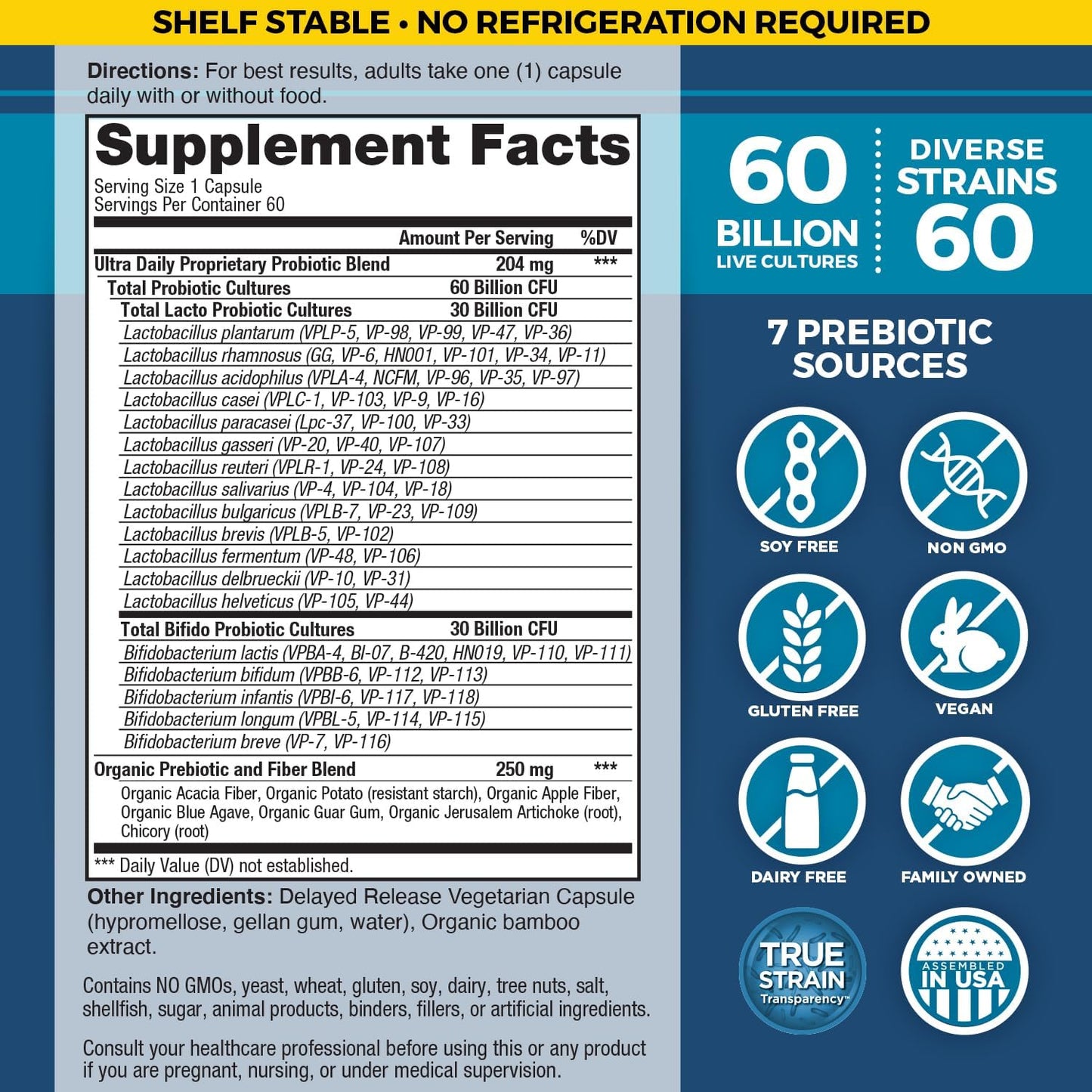 Vital Planet Vital Flora Ultra Daily Probiotic - 60 Billion CFU, 60 Strains, 7 Prebiotics - Immune & Digestive Support - 60 Capsules