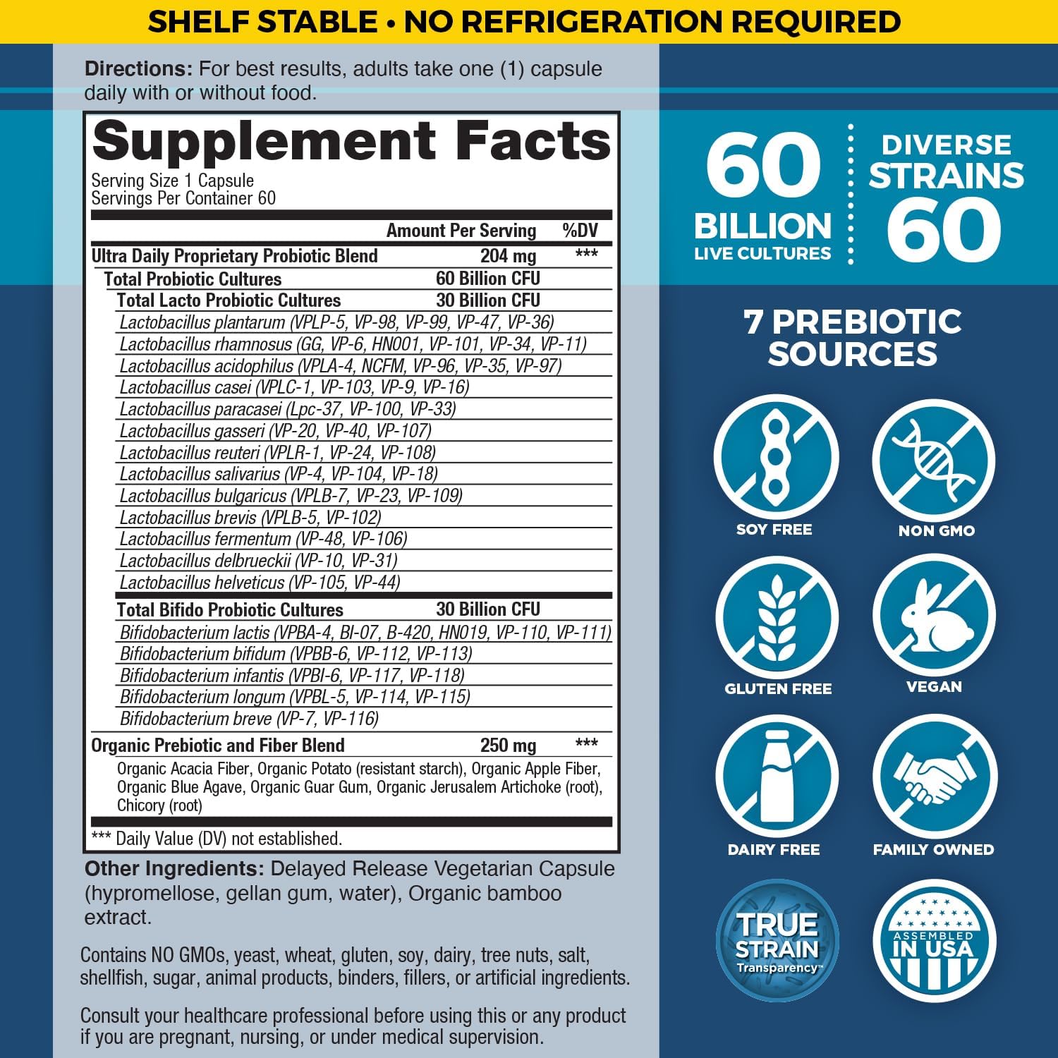 Vital Planet Vital Flora Ultra Daily Probiotic - 60 Billion CFU, 60 Strains, 7 Prebiotics - Immune & Digestive Support - 60 Capsules