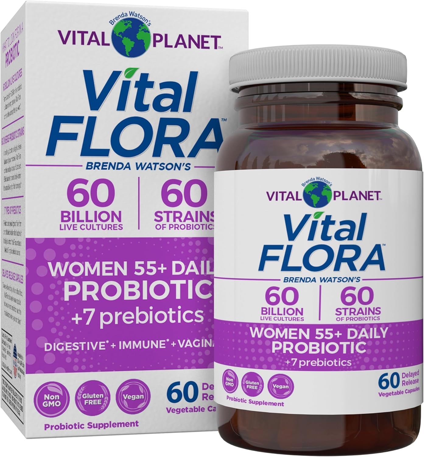 Vital Planet Women Over 55 Probiotic - 60 Billion CFU, Diverse Strains, Organic Prebiotics - 60 Capsules