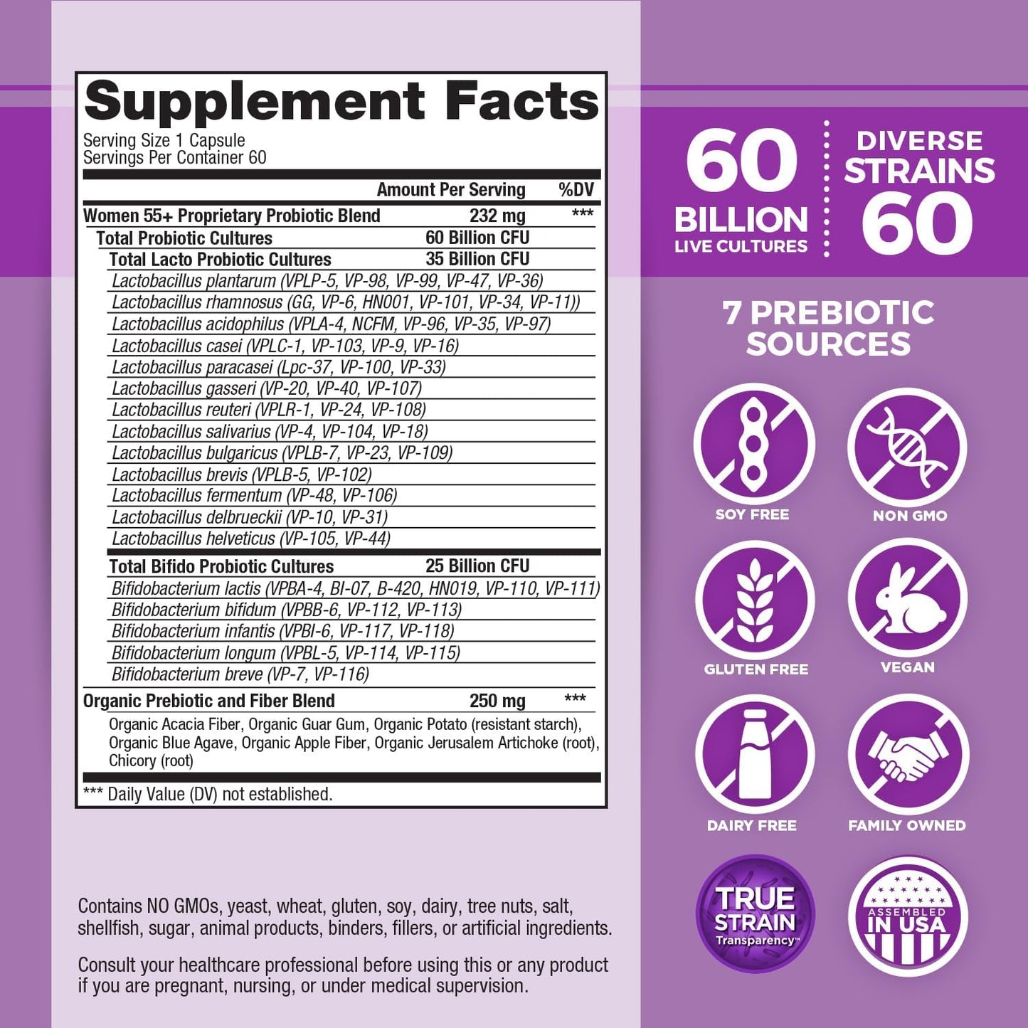 Vital Planet Women Over 55 Probiotic - 60 Billion CFU, Diverse Strains, Organic Prebiotics - 60 Capsules