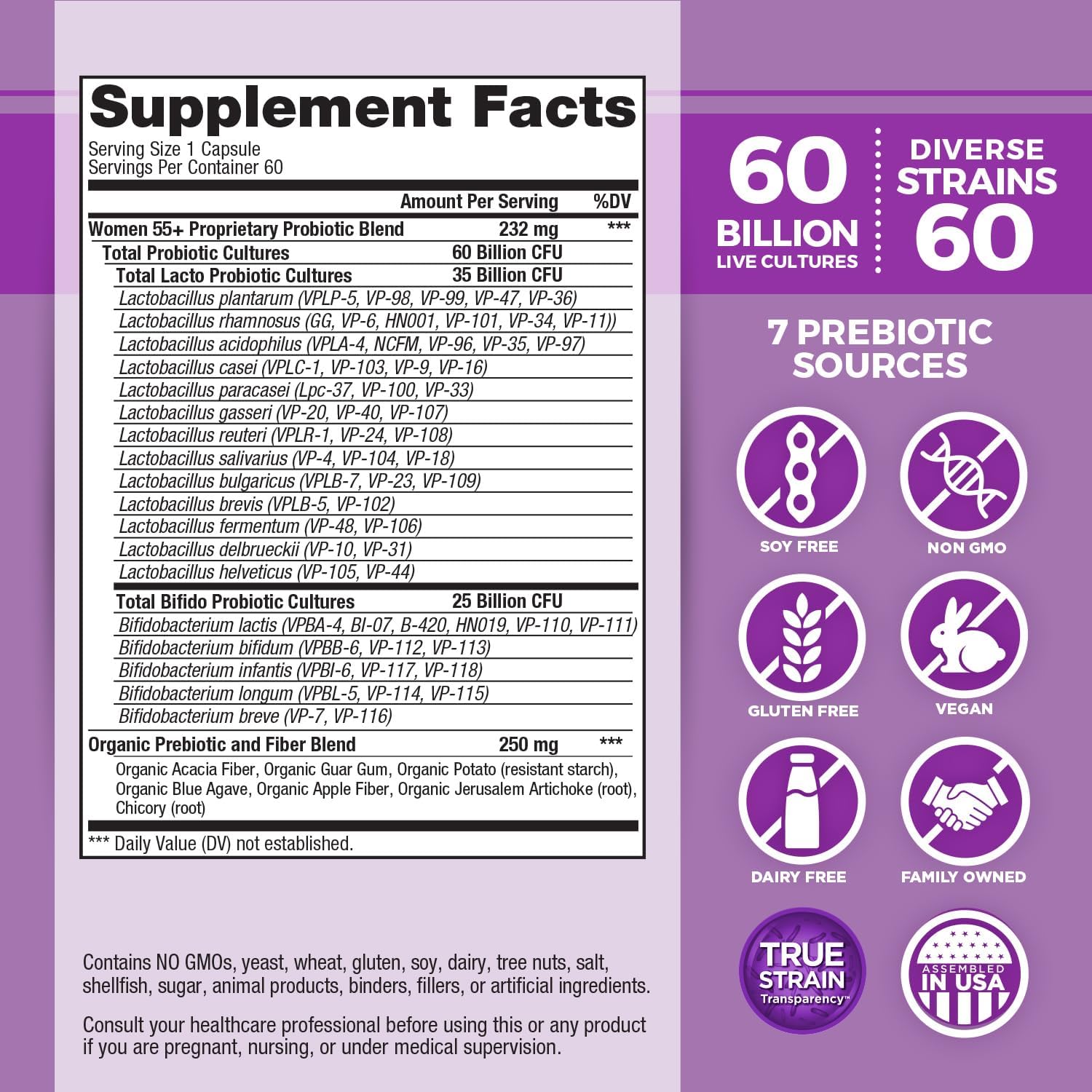 Vital Planet Women Over 55 Probiotic - 60 Billion CFU, Diverse Strains, Organic Prebiotics - 60 Capsules