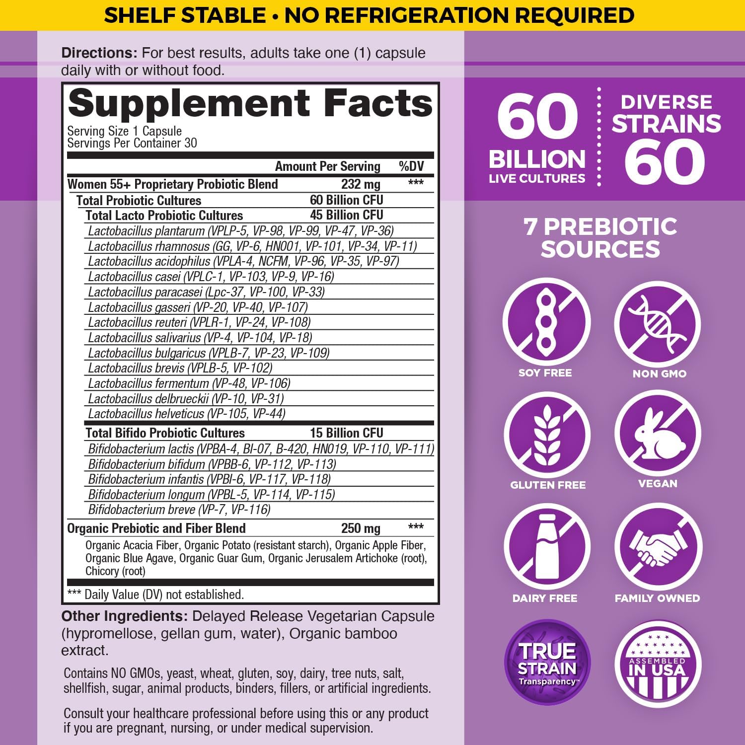 Vital Planet Women Over 55 Probiotic with 60 Billion CFU, 60 Strains, 7 Prebiotics - 30 Capsules