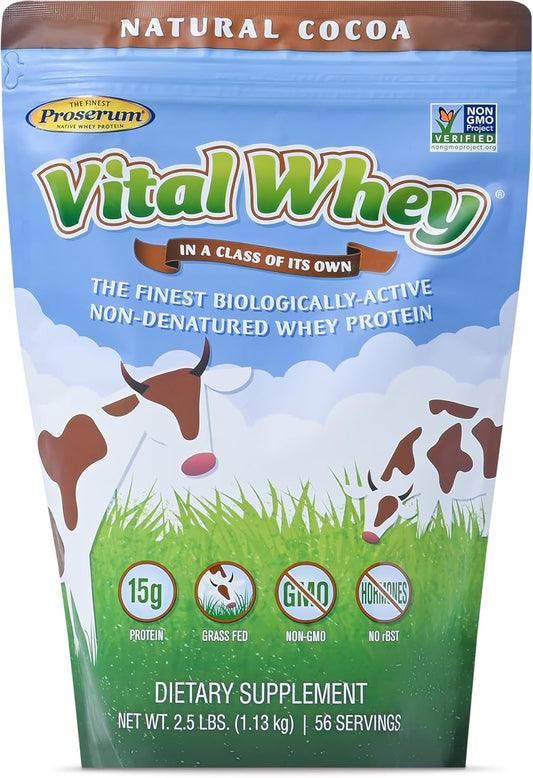 Vital Whey Grass-Fed Whey Protein Powder with Natural Cocoa - 2.5lbs (56 Servings) - 15g Protein - Clean Holistic Nutrition for Immune Vitality
