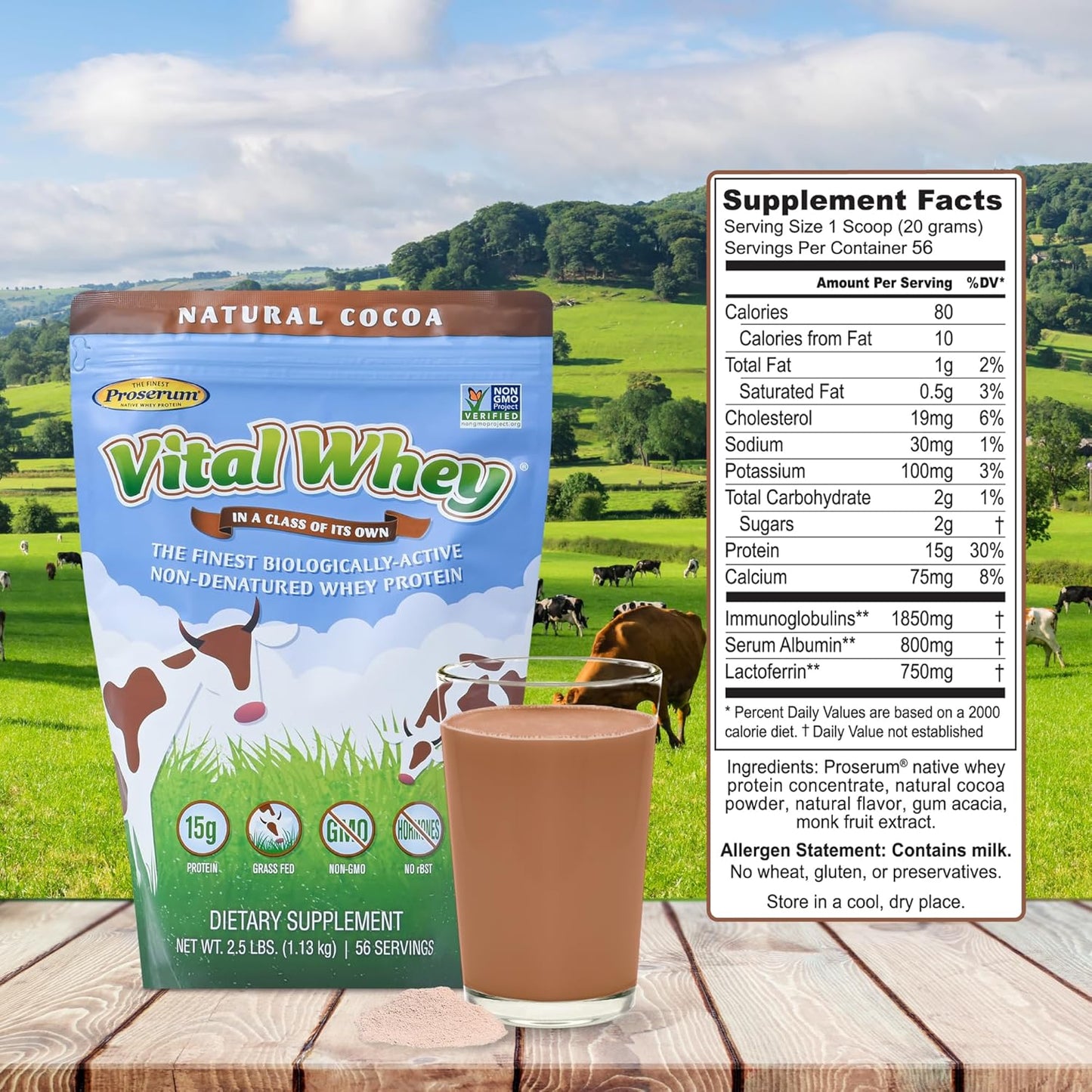 Vital Whey Grass-Fed Whey Protein Powder with Natural Cocoa - 2.5lbs (56 Servings) - 15g Protein - Clean Holistic Nutrition for Immune Vitality