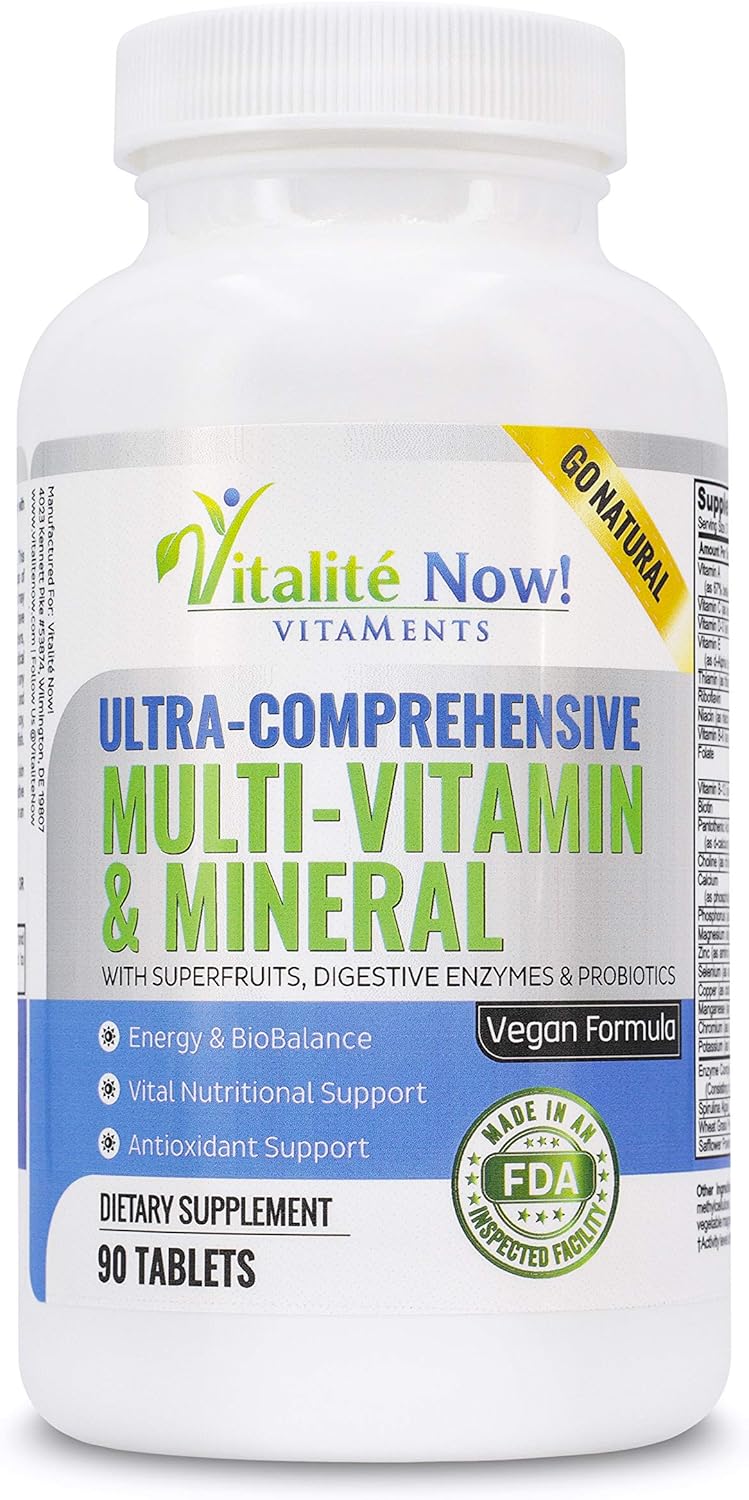 Vitalité Now! Vegan Whole Food Multivitamin with 110 Super Foods, Enzymes, Probiotics for Immune Support & Energy Boost - 90 Tablets