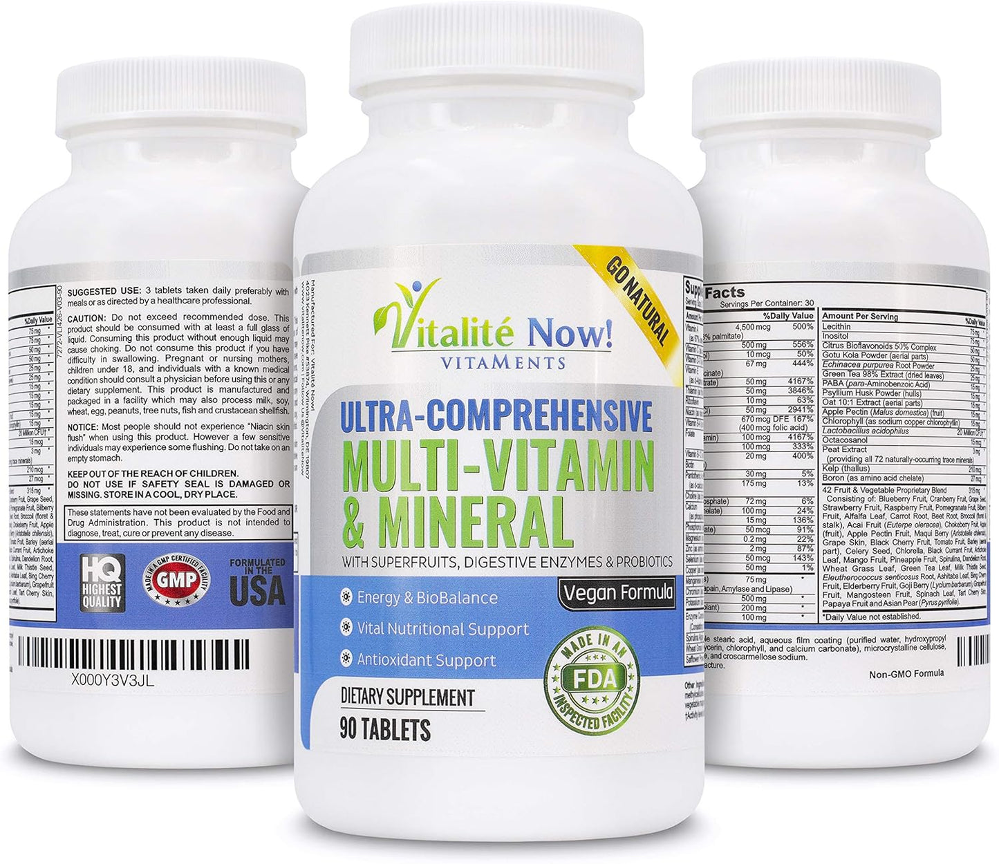 Vitalité Now! Vegan Whole Food Multivitamin with 110 Super Foods, Enzymes, Probiotics for Immune Support & Energy Boost - 90 Tablets