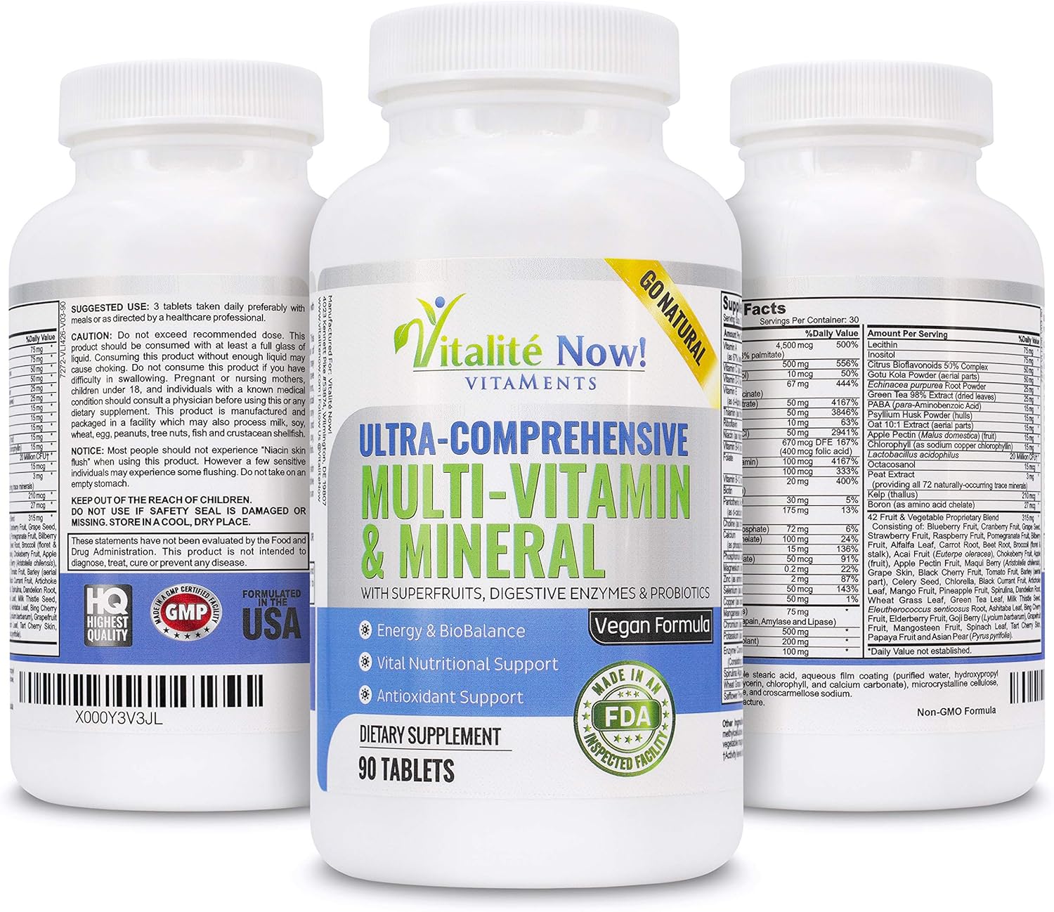 Vitalité Now! Vegan Whole Food Multivitamin with 110 Super Foods, Enzymes, Probiotics for Immune Support & Energy Boost - 90 Tablets