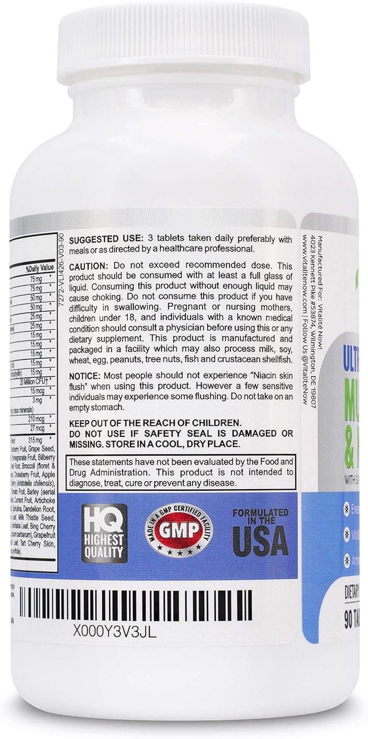 Vitalité Now! Vegan Whole Food Multivitamin with 110 Super Foods, Enzymes, Probiotics for Immune Support & Energy Boost - 90 Tablets