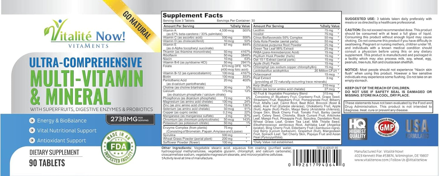 Vitalité Now! Vegan Whole Food Multivitamin with 110 Super Foods, Enzymes, Probiotics for Immune Support & Energy Boost - 90 Tablets