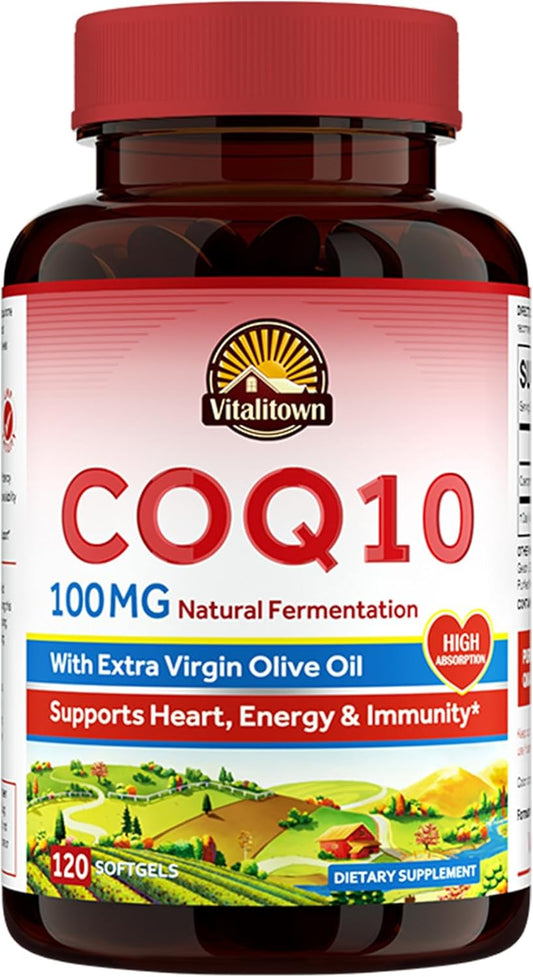 Vitalitown CoQ10 100mg Softgels with Extra Virgin Olive Oil for Maximum Absorption - Antioxidant & Heart Health Support - 120 Count