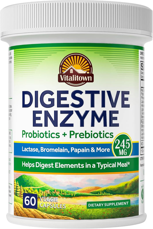 Vitalitown Digestive Enzyme Capsules with Probiotics and Prebiotics - 60 Veg Caps, 245mg - Vegan and Non-GMO Formula with Seven Key Enzymes for Improved Digestion