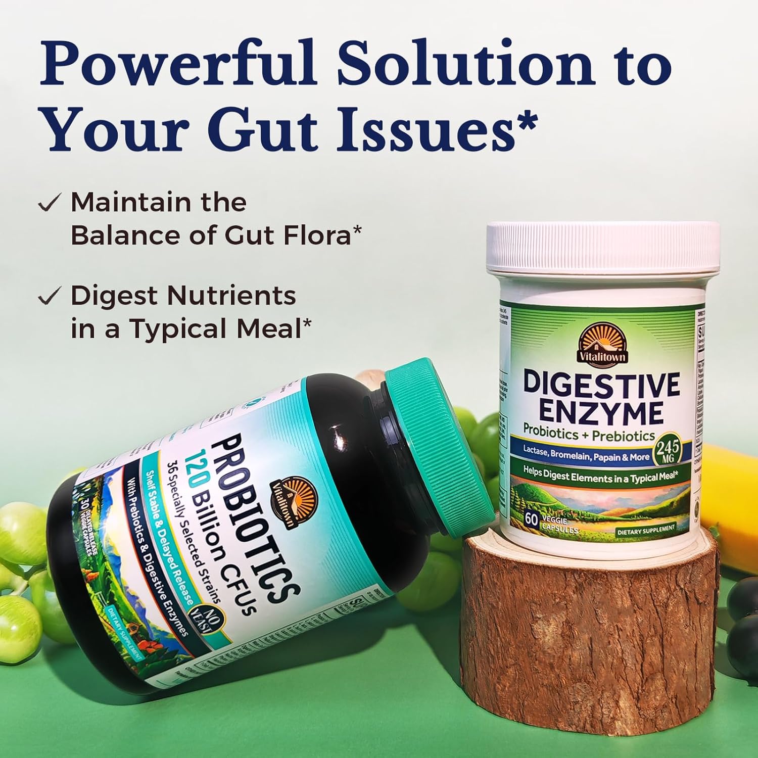 Vitalitown Digestive Enzyme Capsules with Probiotics and Prebiotics - 60 Veg Caps, 245mg - Vegan and Non-GMO Formula with Seven Key Enzymes for Improved Digestion