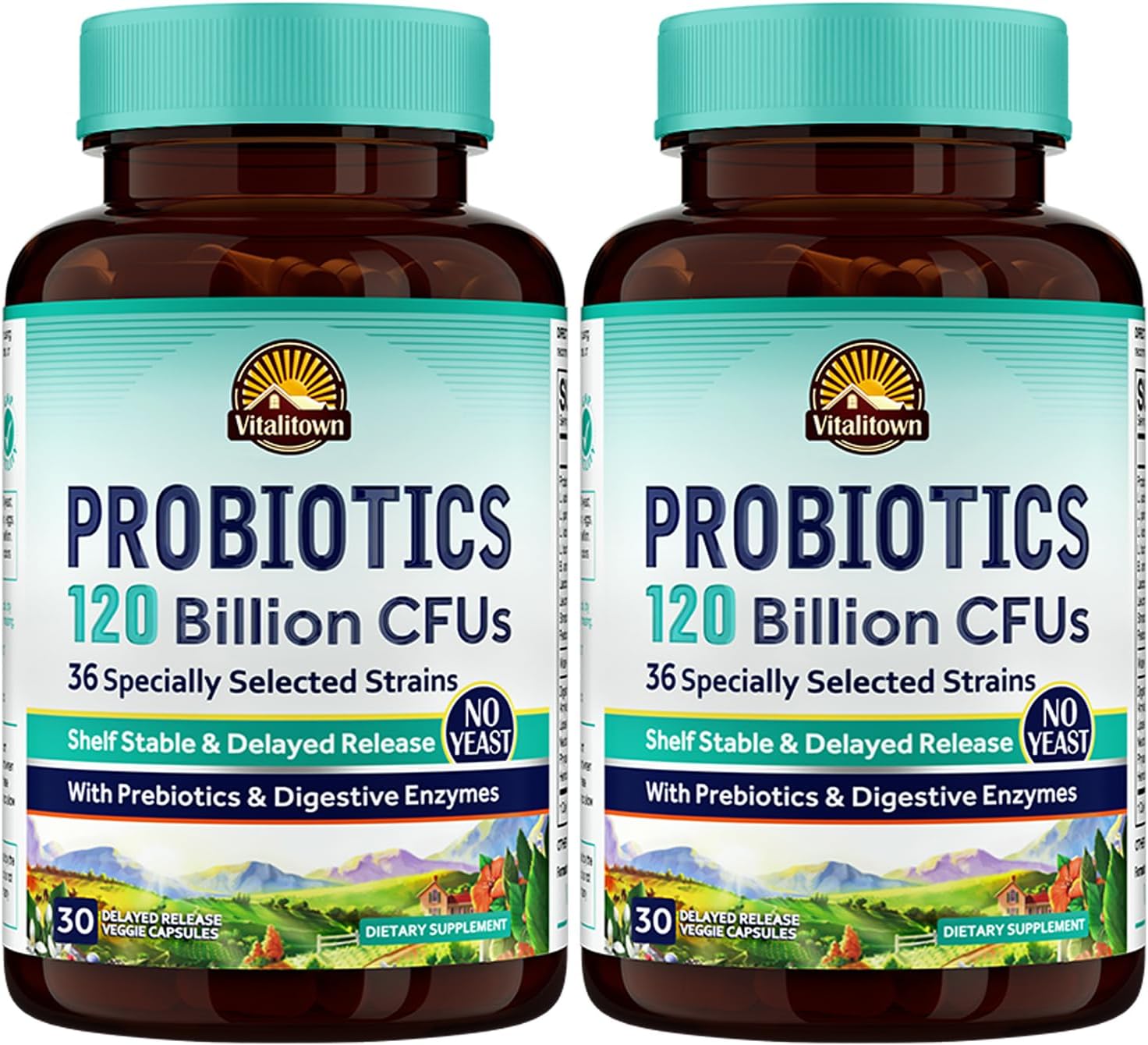 Vitalitown Probiotics 120 Billion CFUs | 36 Strains with Prebiotics & Enzymes | Digestive & Immune Support | Vegan | 60 Delayed Release Capsules