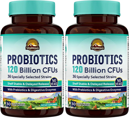 Vitalitown Probiotics 120 Billion CFUs | 36 Strains with Prebiotics & Enzymes | Digestive & Immune Support | Vegan | 60 Delayed Release Capsules