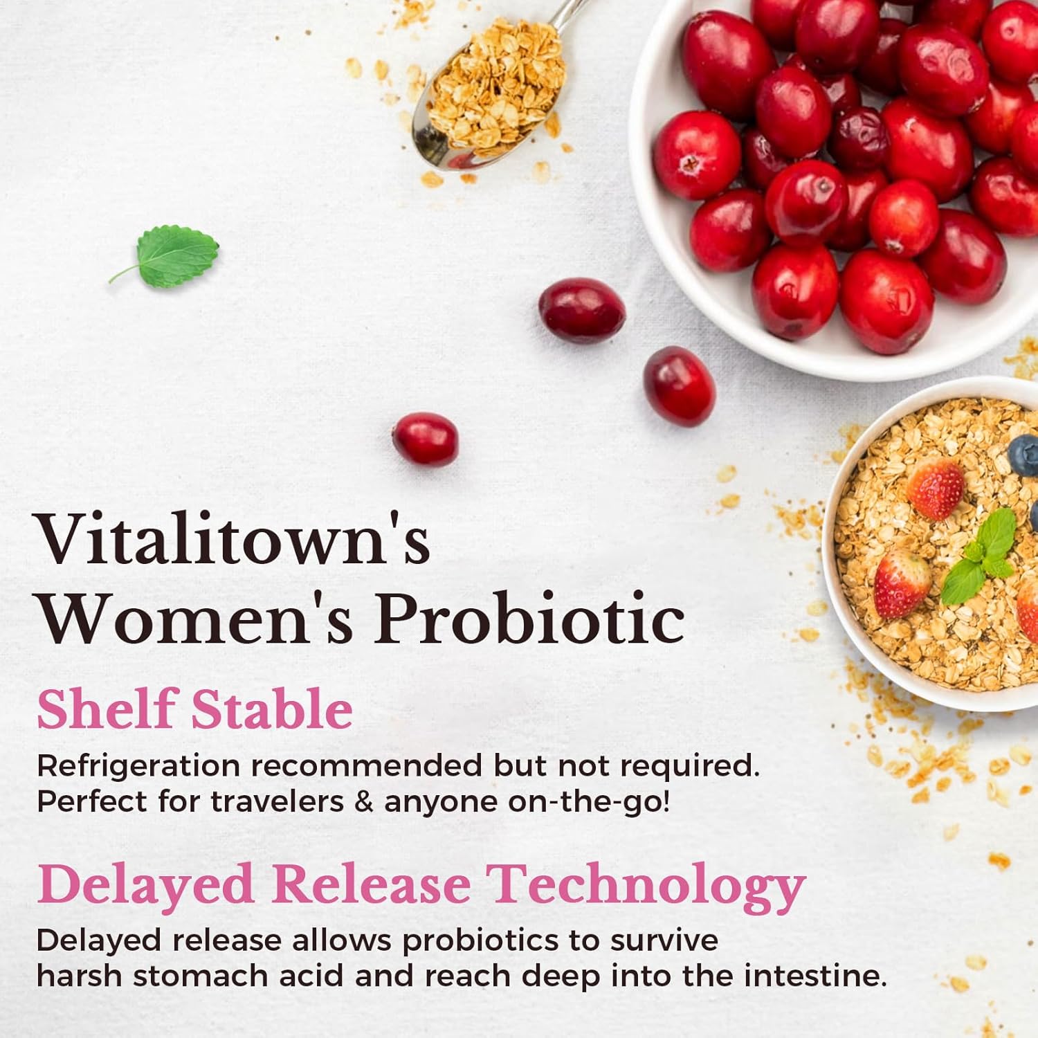Vitalitown Women's Probiotic Supplement 120 Billion CFUs, 30 Strains, with Prebiotics, Digestive Enzymes, Cranberry - Gut & Vaginal Health Support - Vegan Capsules - 60 Count