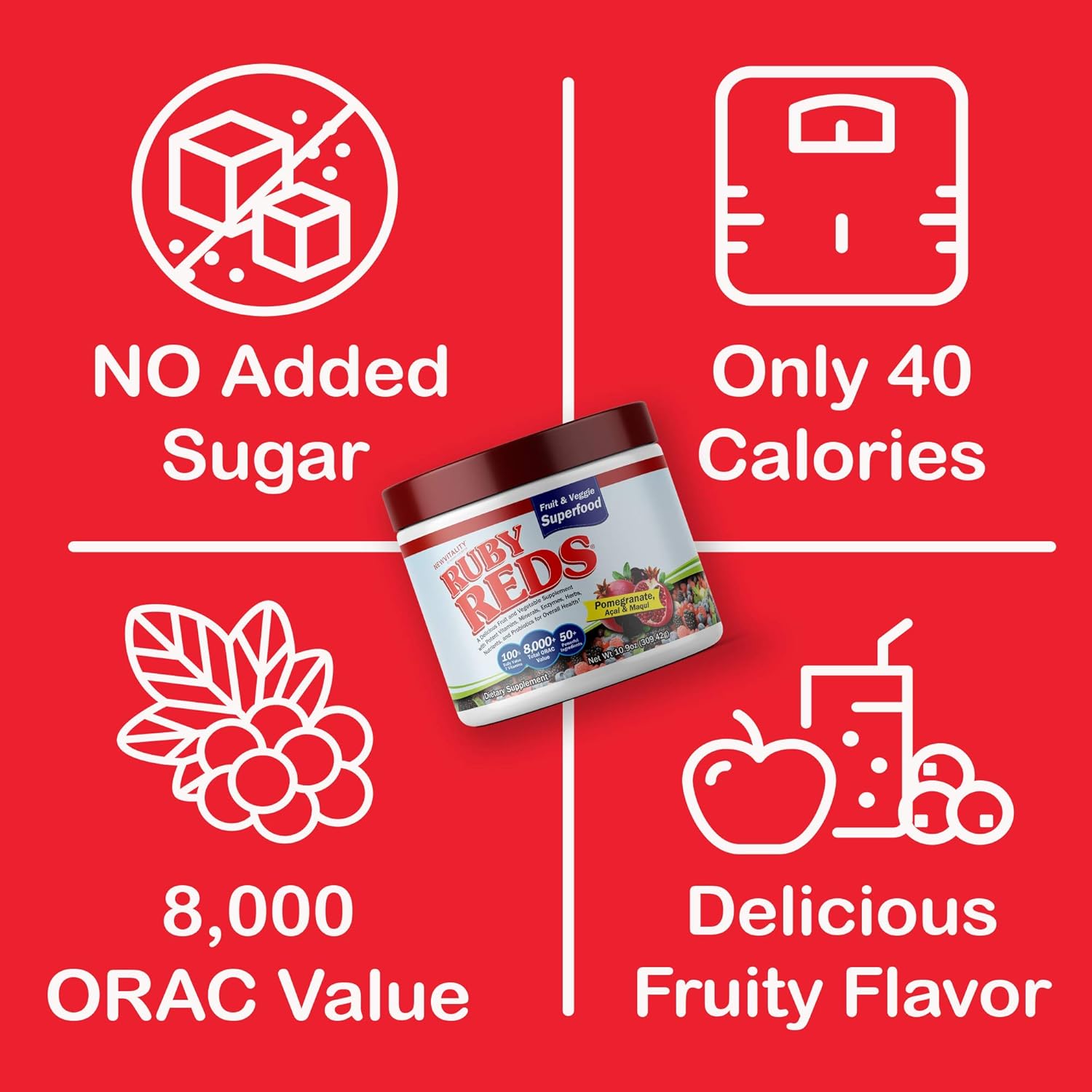 Vitality Ruby Reds Supplement Powder | Nutrient-Rich Fruit & Veg Blend with Vitamins, Minerals, Enzymes, Herbs, Probiotics | 11 oz. (30 Servings)