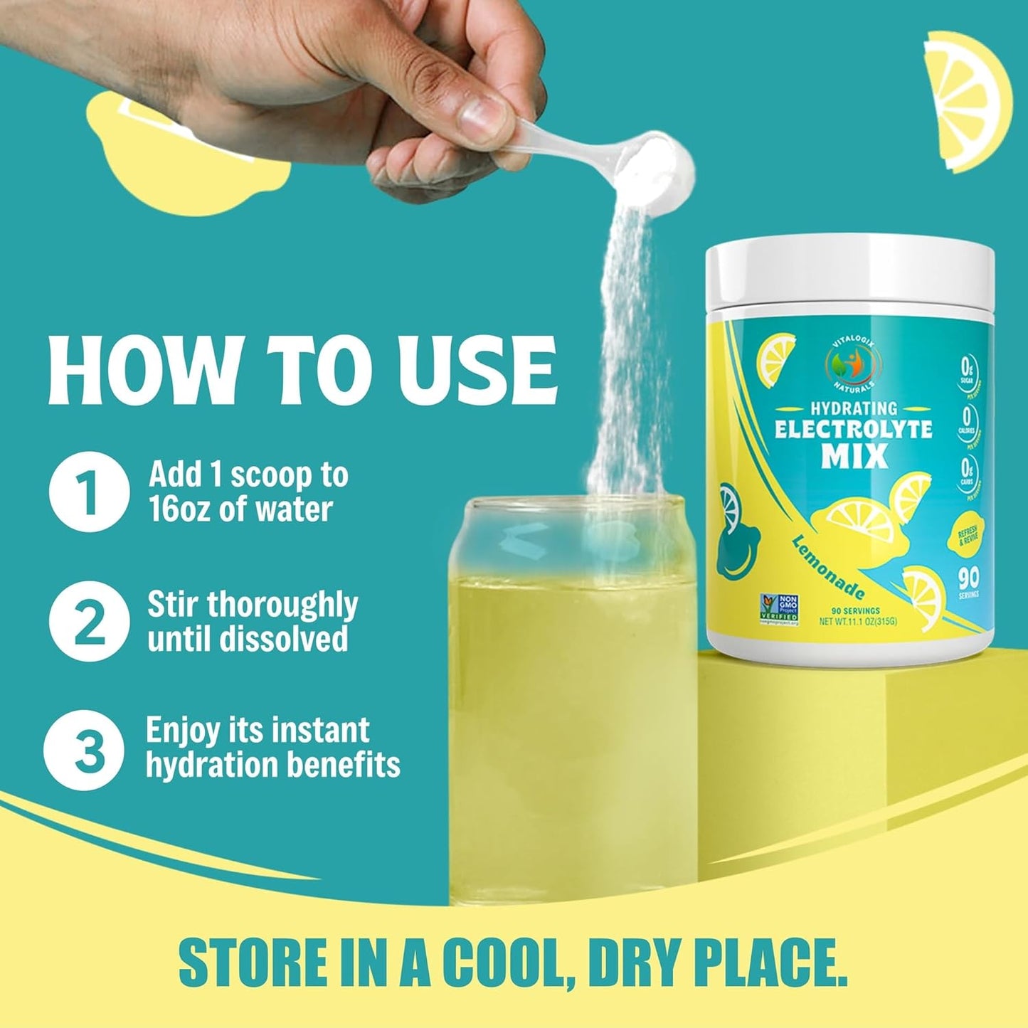 Vitalogix Naturals Lemonade Electrolytes Powder - Sugar Free Hydration Mix, Zero Calories, Carbs, or Artificial Ingredients - 90 Servings, Keto & Vegan Friendly