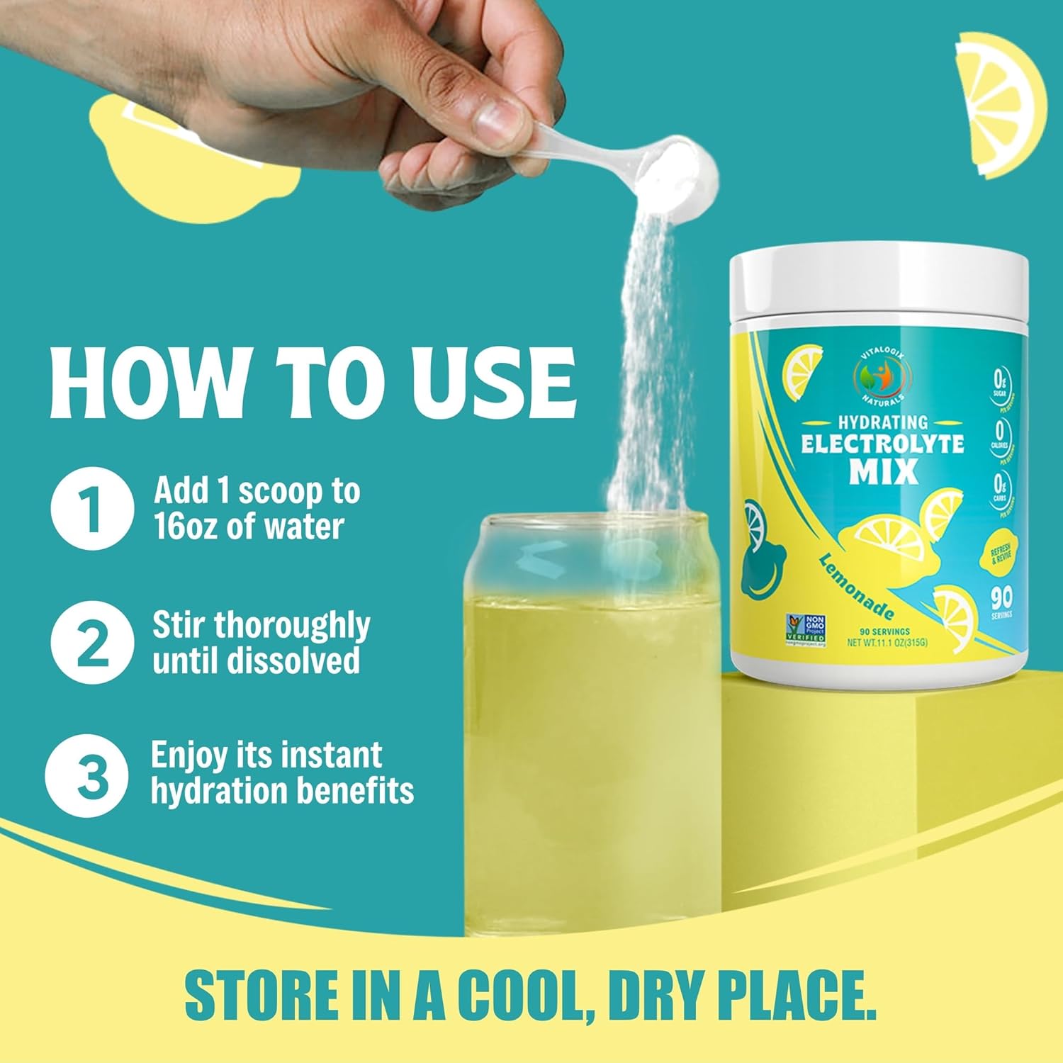 Vitalogix Naturals Lemonade Electrolytes Powder - Sugar Free Hydration Mix, Zero Calories, Carbs, or Artificial Ingredients - 90 Servings, Keto & Vegan Friendly