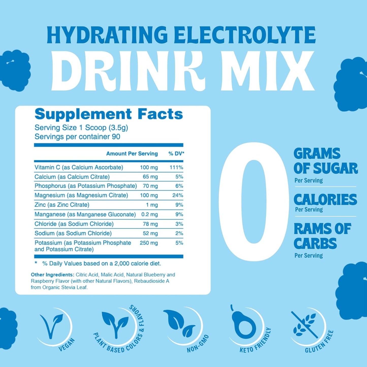 Vitalogix Naturals Replenisher Electrolyte Drink Mix - Blue Raspberry Flavor, Large Size, Keto-Friendly, Vegan, Non-GMO, Sugar-Free