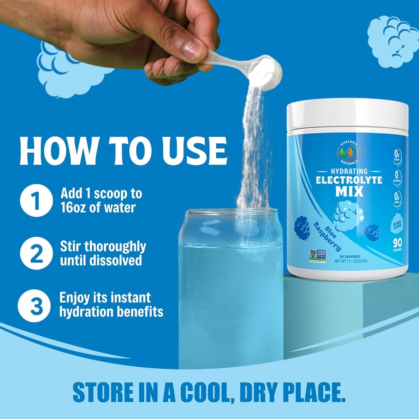 Vitalogix Naturals Replenisher Electrolyte Drink Mix - Blue Raspberry Flavor, Large Size, Keto-Friendly, Vegan, Non-GMO, Sugar-Free